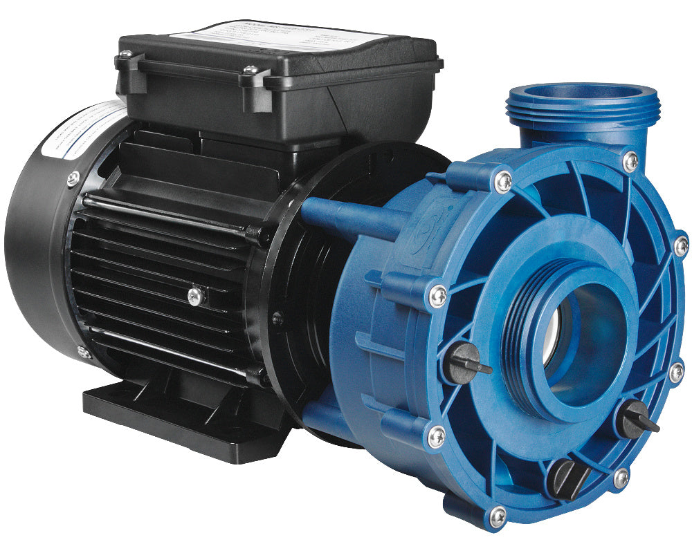 Gecko Maelstrom 4.2HP single‑speed spa pump with blue jet housing, black motor, 2-inch unions, and 3‑meter AMP power lead—designed for high‑flow jet performance.