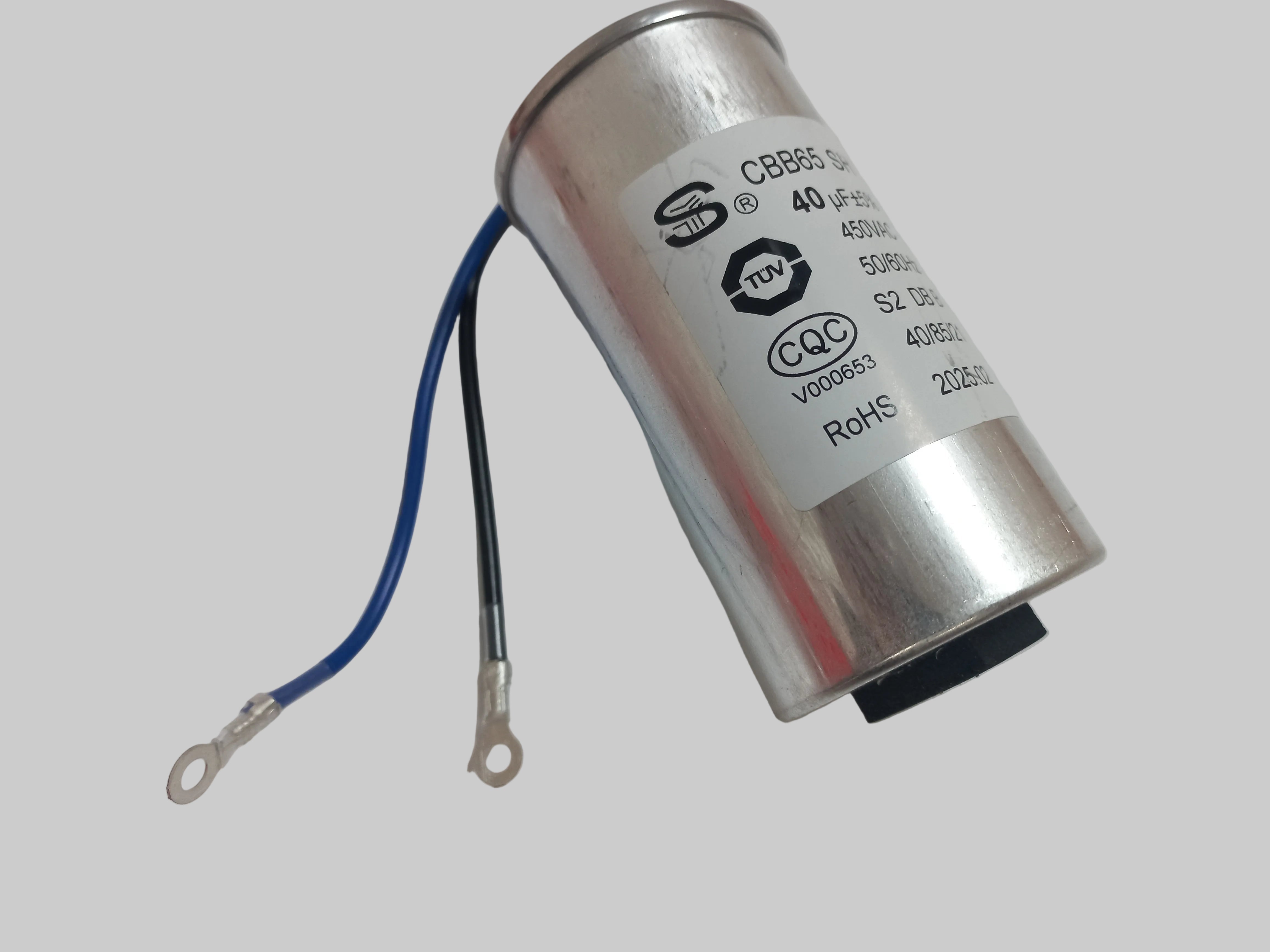 40µF 450VAC aluminium CBB65 SH motor‑run capacitor with blue and black lead wires and ring terminals, suitable for Gecko Maelstrom MS‑1 2.5HP 2‑Speed pumps.