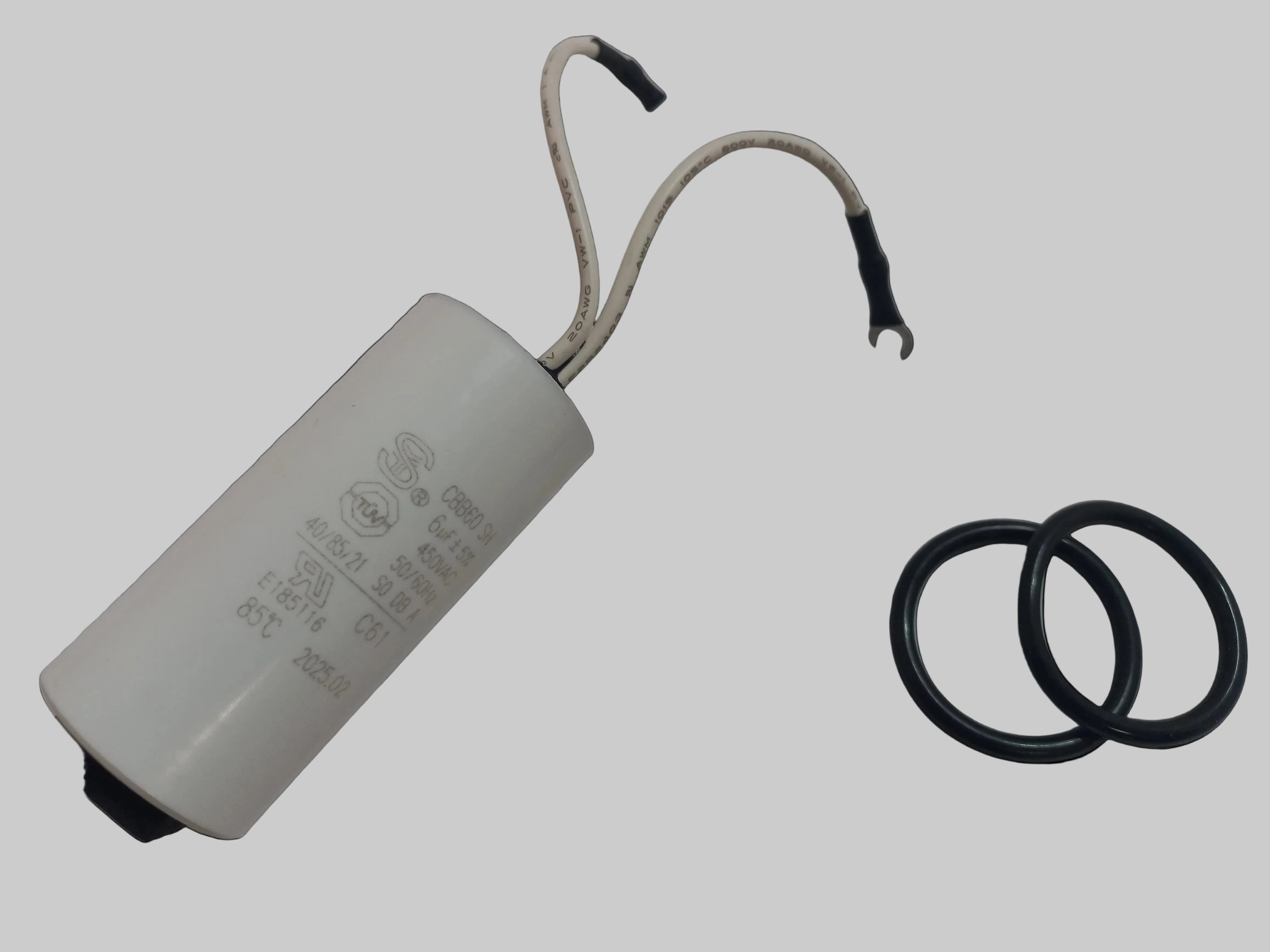 6µF 450VAC white CBB60 SH motor‑run capacitor with two attached wires and two black O‑rings, suitable for CMS Gecko Circ Pump.