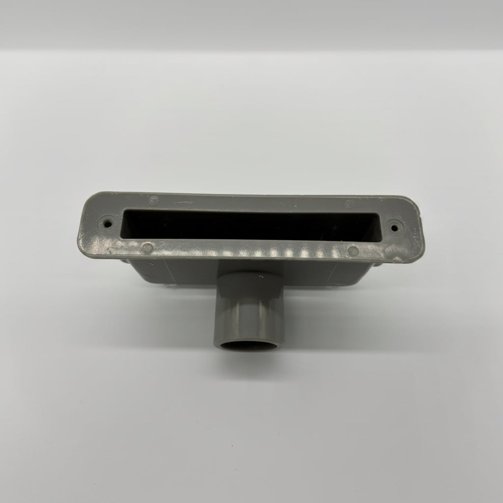 Catalina grey waterfall jet body showing 140 x 29mm outer face, rear water connection, and dual POL LED light housings