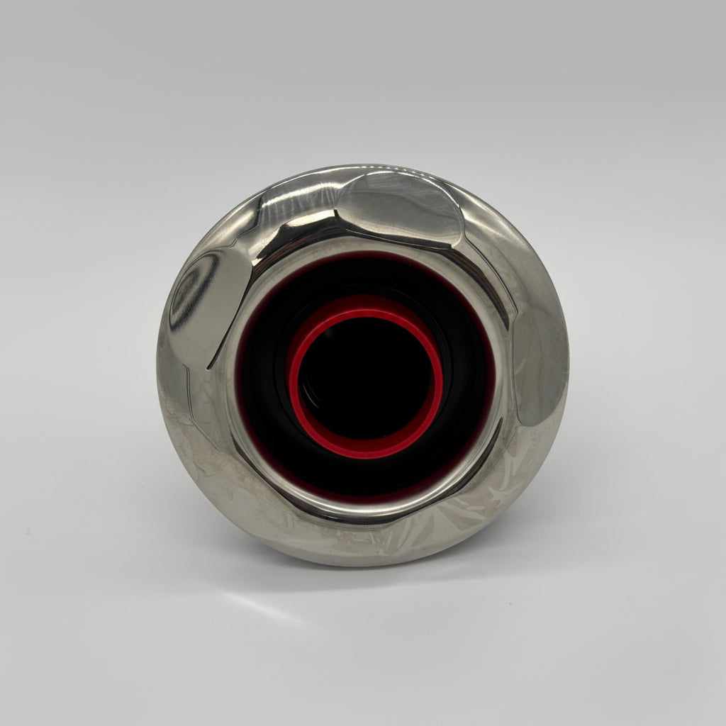 150mm spa jet with chrome face, black body and red centre shown with jet body, sealing gasket and retaining nut