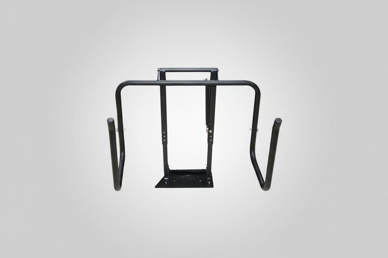 Black 2‑piece portable spa cover lifter made from powder‑coated aluminium installed on a hot tub