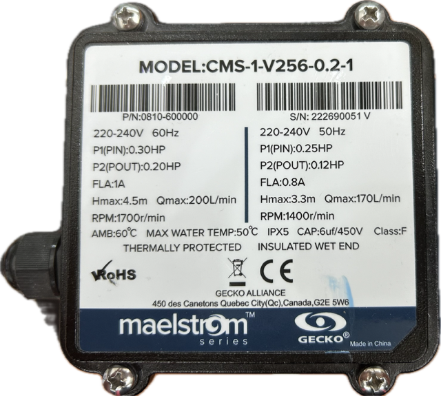 Gecko Maelstrom CMS‑1 circulation pump label showing model number CMS‑1‑V256‑0.2‑1, electrical specifications, flow rate, head pressure, IPX5 rating, and Gecko Alliance branding.
