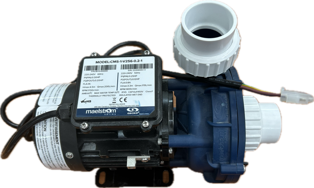Gecko Maelstrom CMS‑1 circulation pump label showing model number CMS‑1‑V256‑0.2‑1, electrical specifications, flow rate, head pressure, IPX5 rating, and Gecko Alliance branding.