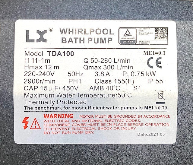 LX Whirlpool TDA100 Spa Circulation Pump 1.0HP Single Speed 50Hz