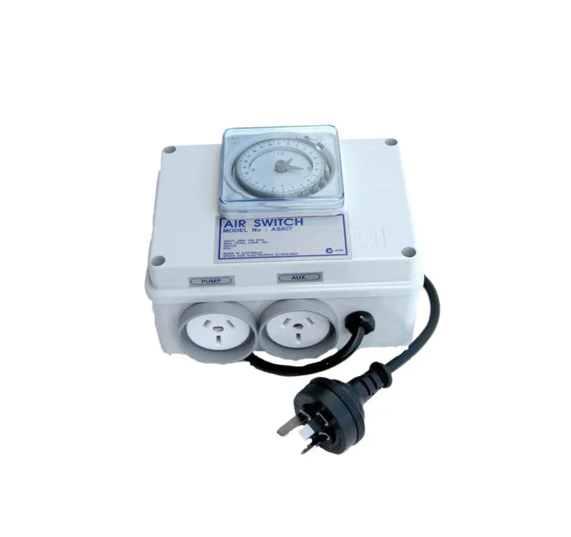 AS02T dual 10‑amp air switch with built‑in 24‑hour timer clock, grey enclosure, dual outlets, and labeled specifications.