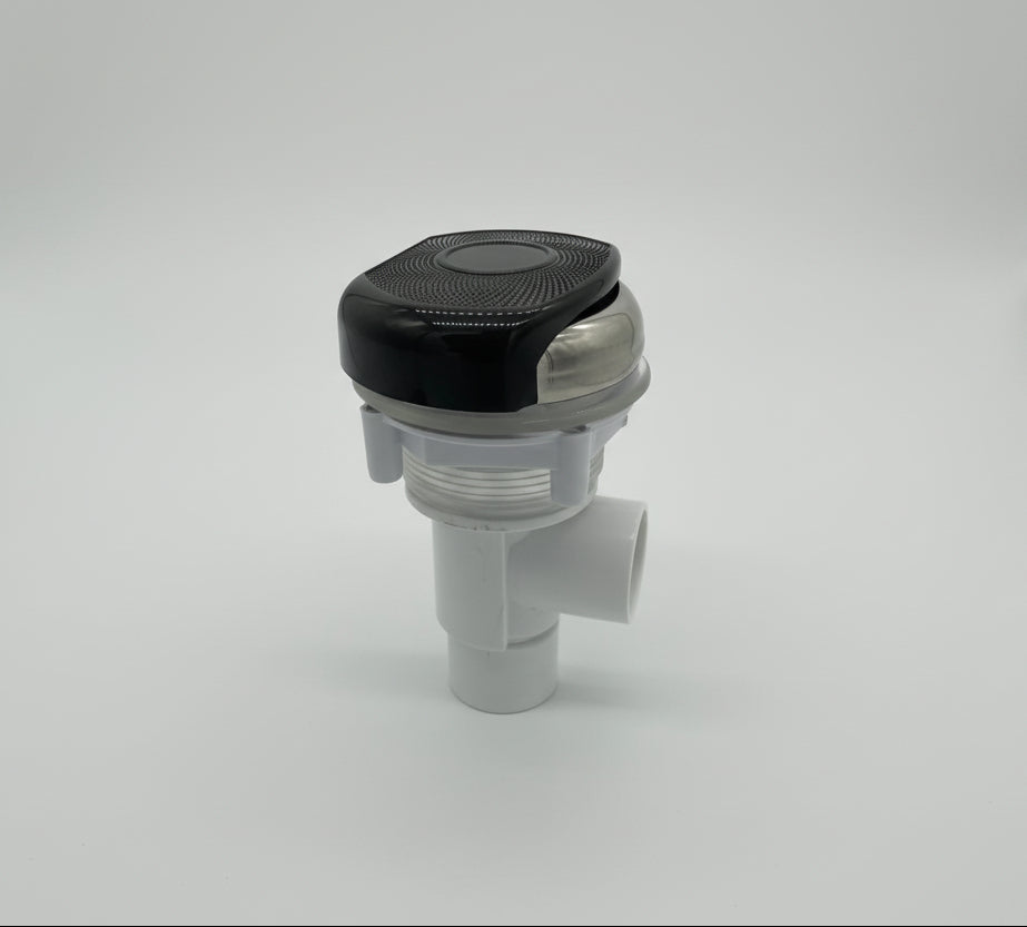 Balboa 2‑way water flow control valve assembly shown disassembled with cap, stem, valve body, and fittings, used for controlling spa waterfall or neck jet water flow.