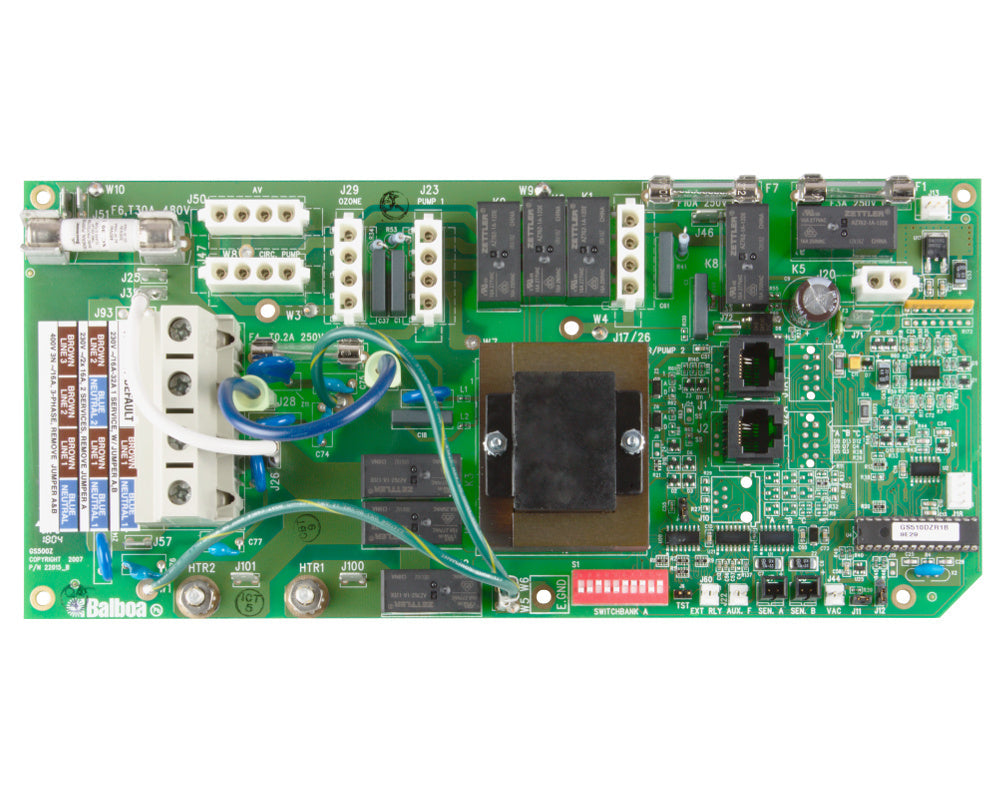 Balboa GS510DZ / GS501DZ replacement motherboard with green PCB, transformer, capacitors, and connector terminals—compatible with Balboa plastic control boxes