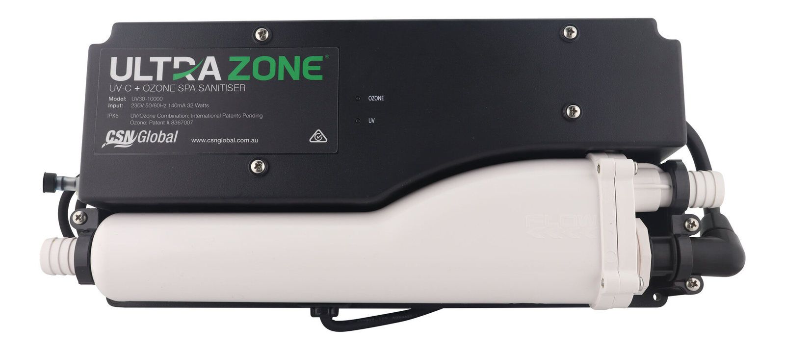 UltraZone UV‑C + Ozone spa sanitiser for portable spas with status LEDs, mounting plate and inlet/outlet hose barbs.
``