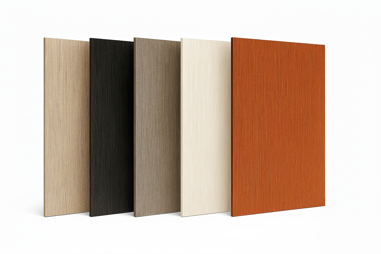 Spa cabinet doors made from composite polyester material shown in Timber, Whitewash, Grey, Charcoal and Ash colours with wood‑grain finish