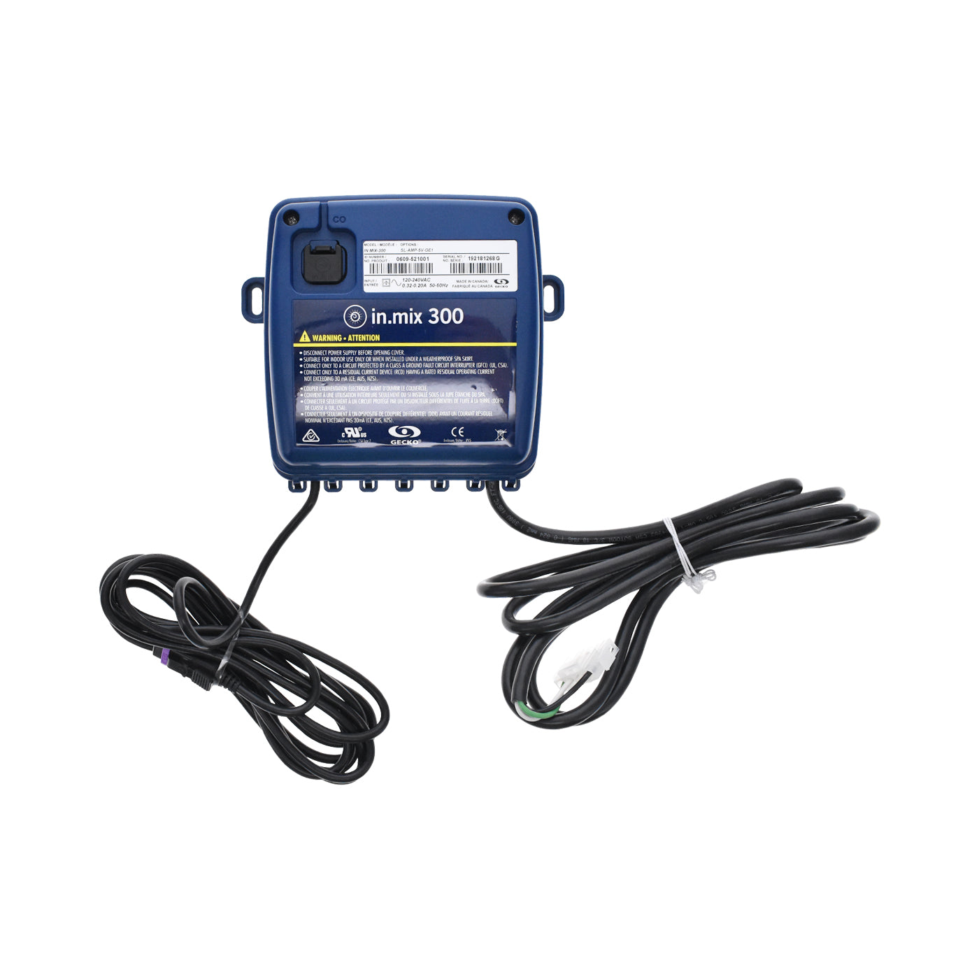 “Gecko IN.MIX300 (0609‑521001) LED spa lighting controller with built‑in power supply, AMP and Molex connectors, designed to control up to 100 RGB light points across three independent color zones, compatible with Gecko X and Y series spa systems