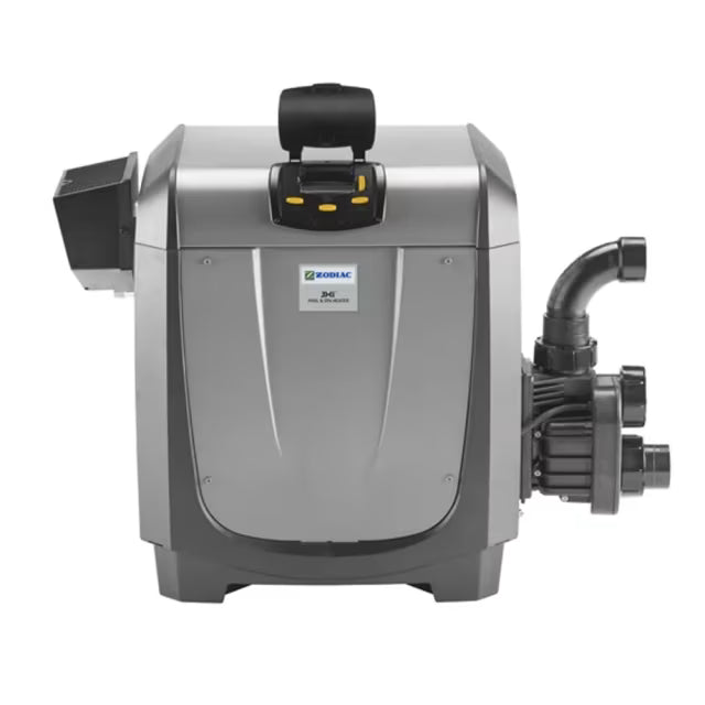Zodiac JXi 200MJ natural gas pool heater with compact design and digital control panel installed beside a residential swimming pool