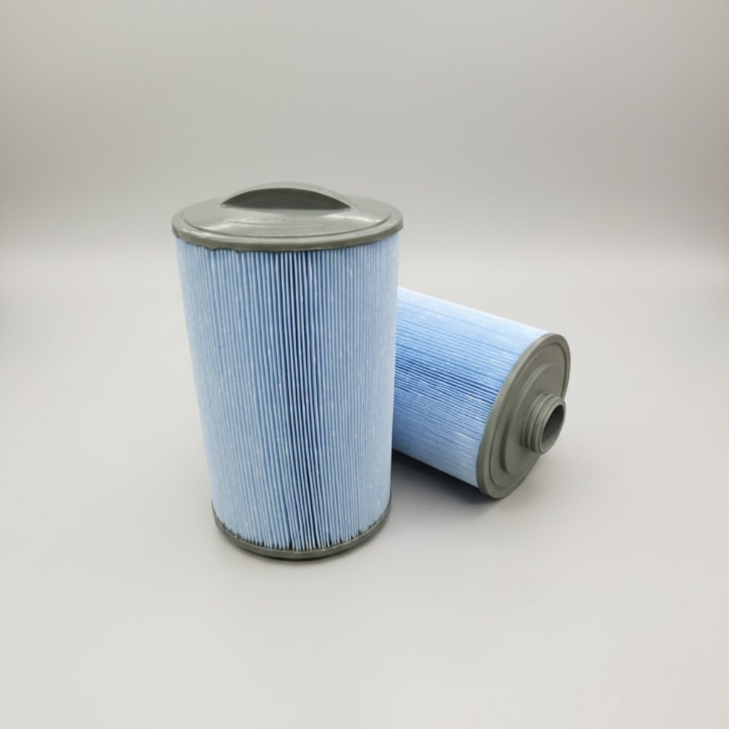 Front load spa filter cartridges RFILA15050 with blue pleated media and coarse threaded base