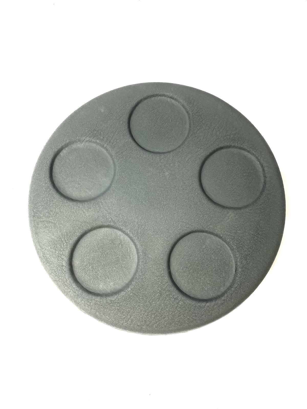 Round Charcoal spa lid esky with five integrated drink holders shown from top and underside views