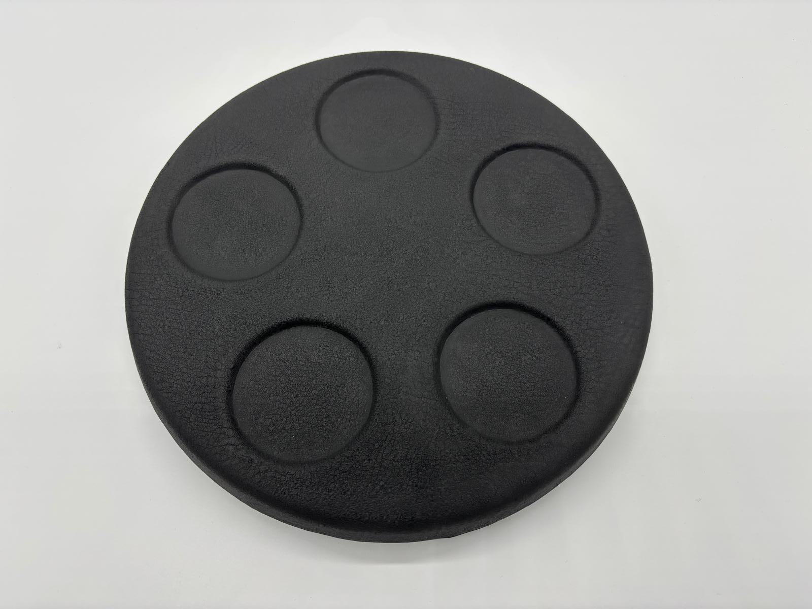 Round dark grey spa lid esky with five integrated drink holders shown from top and underside views