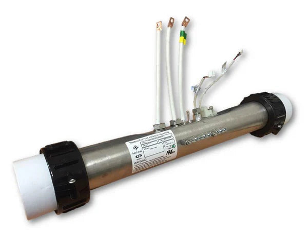 Gecko 2kW spa heater with electrical connections and metal heating tube, part number 9920‑101438, used in hot tub and spa heating systems.