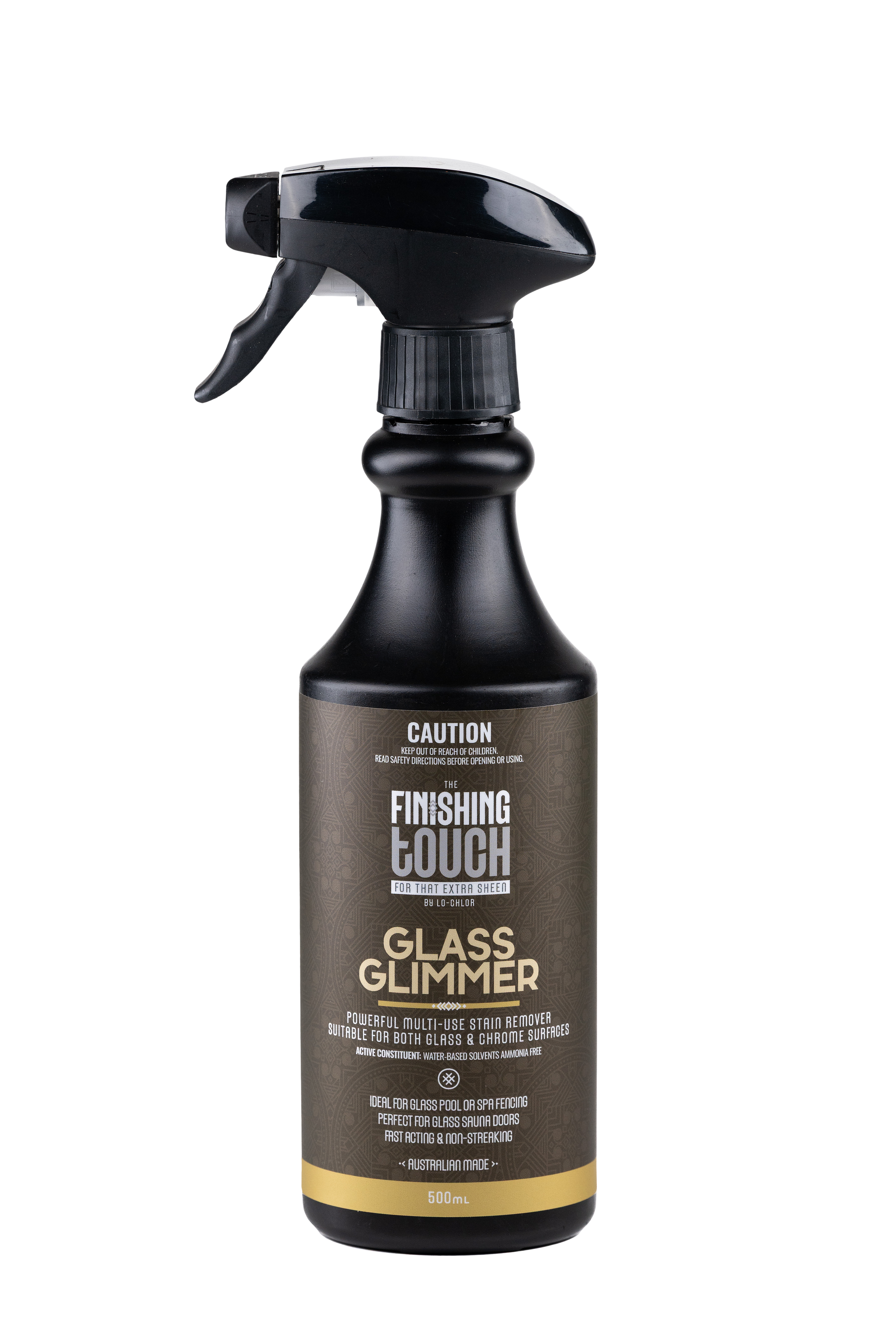 Sauna Glass Glimmer Glass Cleaner 500ml bottle for cleaning sauna and spa glass doors and enclosures