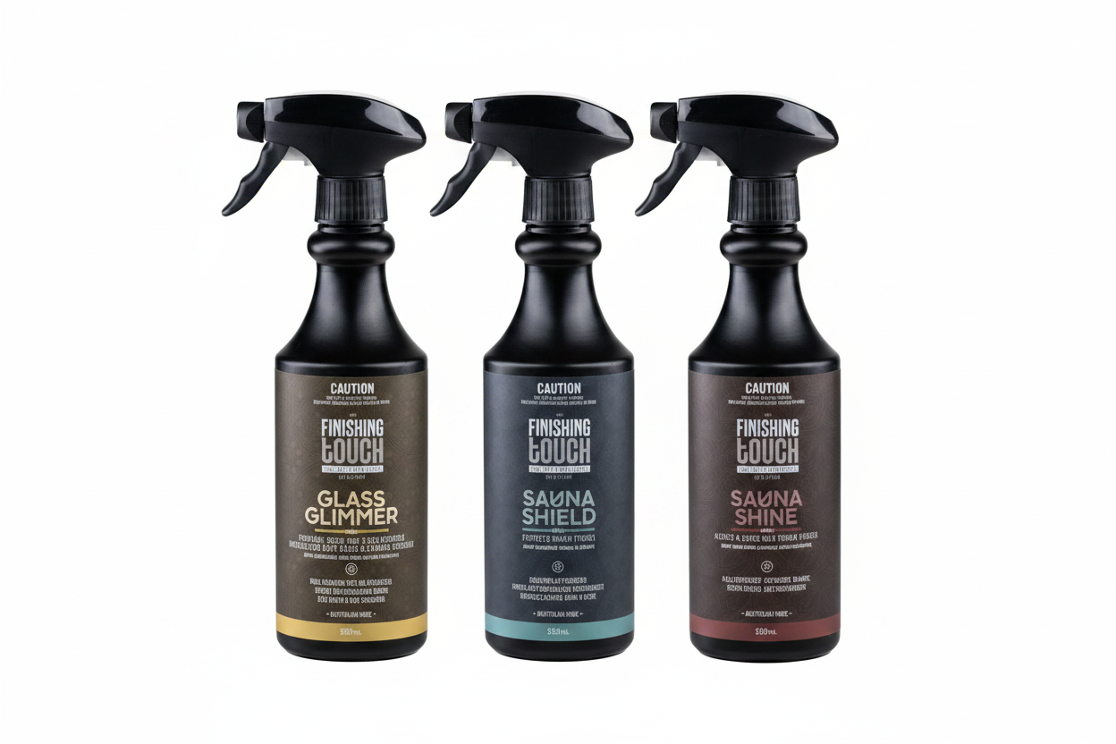 3-piece sauna care kit featuring glass cleaner, timber protector and disinfectant spray bottles on white background